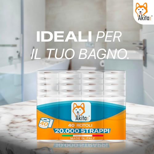 Akitaink 20 rotoli di Carta Igienica 2 Veli 10000 Strappi Totali, Pura cellulosa, Morbida e resistente, Delicata sulla Pelle, Dermatologicamente Testata, Carta 100% Certificata FSC® Made in Italy - Funzionalità e accessori