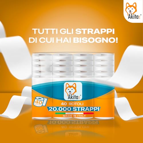 Akitaink 40 rotoli di Carta Igienica 2 Veli 20000 Strappi Totali, Pura cellulosa, Morbida e resistente, Delicata sulla Pelle, Dermatologicamente Testata, Carta 100% Certificata FSC® Made in Italy - Prova pratica