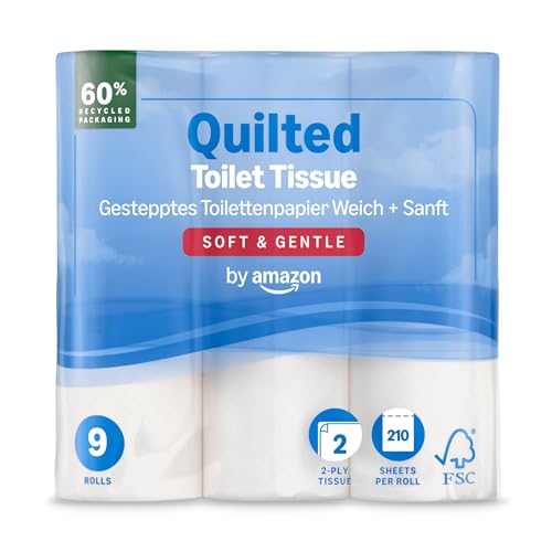 by Amazon Carta Igienica, 2 Veli Trapuntata, Morbida e Delicata, 36 Rotoli (4 Confezioni da 9), 210 Fogli per Rotolo, Certificata FSC - Prova pratica