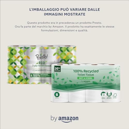 by Amazon Carta Igienica, 3 Veli 100 % Riciclata, Morbida e Resistente, 48 Rotoli (6 Confezioni da 8), 200 Fogli per Rotolo, Certificata FSC - Prova pratica