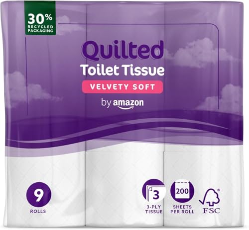 by Amazon Carta Igienica, 3 Veli Trapuntata, Morbida e Setosa, 9 unità (Confezione da 1), 200 Fogli per Rotolo, Certificata FSC - Design e materiali