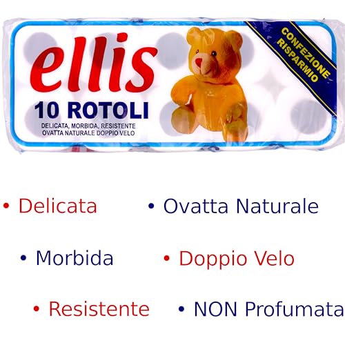 Carta Igienica 2 Veli 120 Rotoli Ellis (12 Pacchi da 10 Rotoli) - Pura Cellulosa Bianca, Morbida e Resistente, Trapuntata, Goffrata, Non Profumata, per Pelle Sensibile, Confezione Risparmio - Funzionalità e accessori