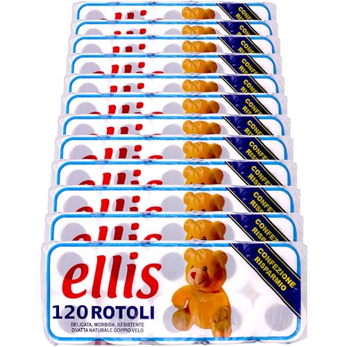Carta Igienica 2 Veli 120 Rotoli Ellis (12 Pacchi da 10 Rotoli) - Pura Cellulosa Bianca, Morbida e Resistente, Trapuntata, Goffrata, Non Profumata, per Pelle Sensibile, Confezione Risparmio - Design e materiali