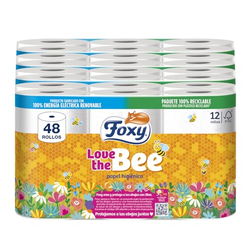 Foxy Love the Bee | 3 strati | Carta igienica 48 rotoli | 167 servizi per ogni rotolo | Certificazione FSC | 100% Energia elettrica rinnovabile | Confezione riciclabile prodotta con plastica riciclata - Design e materiali