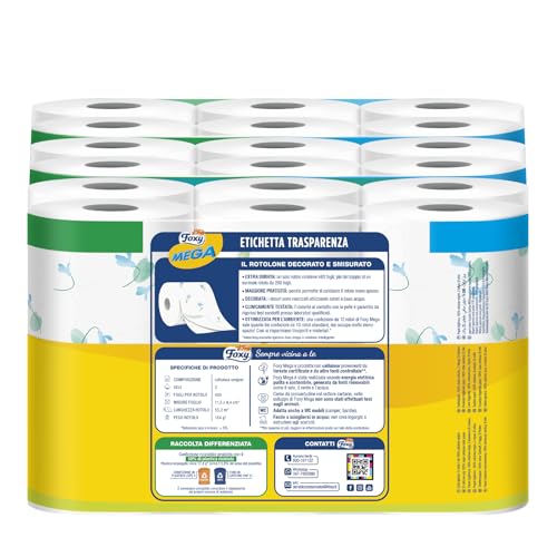 Foxy Mega | Carta igienica 36 rotoli| 480 strappi| Decorata |100% Energia elettrica rinnovabile| Confezione prodotta con plastica riciclata - Prova pratica