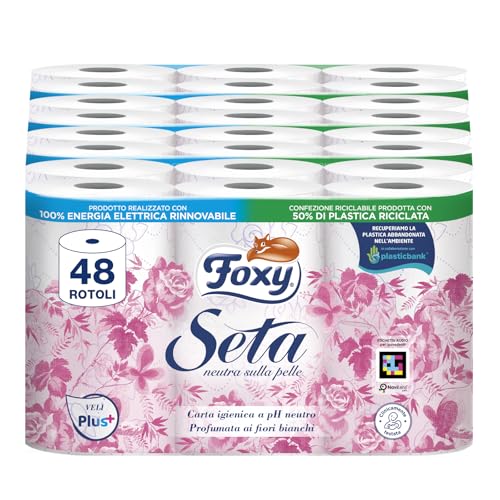 Foxy Seta | Carta igienica 200 strappi x 48 rotoli, 2 veli elevato spessore | Confezione riciclabile prodotta con plastica riciclata - Design e materiali