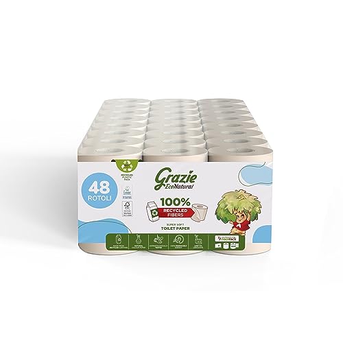 Grazie Natural, Carta Igienica, 48 Rotoli, Carta Igienica Riciclata Fiberpack 100% Ecologica, Rispetta l'Ambiente, Certificata Ecolabel e FSC Recycled, Made in Italy - Design e materiali
