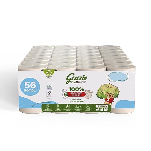 Grazie Natural, Carta Igienica EcoNatural, 56 Rotoli, Carta Igienica Riciclata Fiberpack 100% Ecologica, Rispetta l'Ambiente, Certificata Ecolabel e FSC Recycled, Made in Italy - Design e materiali