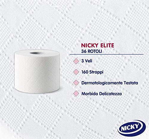 Nicky Elite Carta Igienica a 3 veli | Confezione da 4 Maxi Rotoli | 160 strappi per rotolo | Morbida e Resistente a contatto con la pelle| Dermatologicamente testata | Carta 100% certificata FSC® - Prova pratica