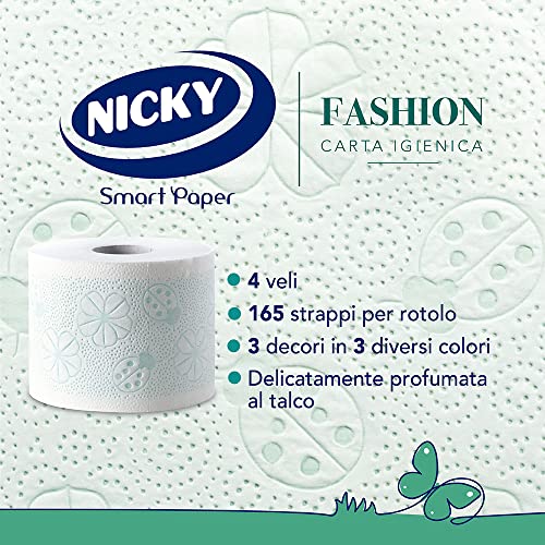 Nicky Fashion - 4 Rotoli di Carta Igienica, 165 Soffici Fogli a 4 Veli, 3 Diverse Texture e Colori, Delicato Profumo di Talco, Carta 100% Certificata FSC® - Prova pratica