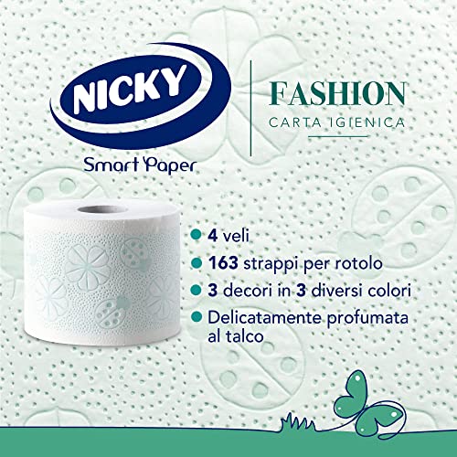Nicky Fashion Carta Igienica - Confezione da 36 Maxi Rotoli a 4 Veli, 165 Strappi per Rotolo, Decorata, Resistente e Morbida sulla Pelle, Delicatamente Profumata al Talco, Prodotta in Italia - Prova pratica
