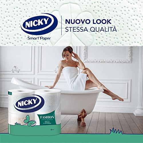 Nicky Fashion Carta Igienica - Confezione da 36 Maxi Rotoli a 4 Veli, 165 Strappi per Rotolo, Decorata, Resistente e Morbida sulla Pelle, Delicatamente Profumata al Talco, Prodotta in Italia - Funzionalità e accessori