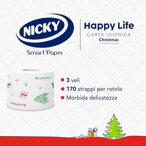 Nicky Happy Life Christmas - Carta Igienica Natalizia, 42 Rotoli da 170 Strappi, a 3 Veli, Apertura Facilitata, 4 Fantasie con Decori Natalizi, Morbida e Resistente, Allegra e Festiva, Carta FSC - Prova pratica