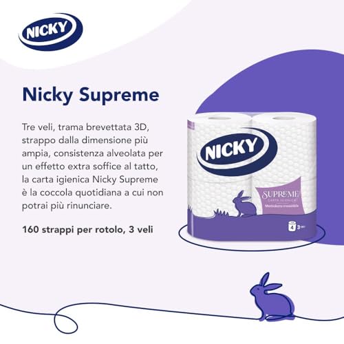 Nicky Supreme - 28 Rotoli di Carta Igienica, 200 Soffici Fogli a 3 Veli, Strappo dalla Dimensione più Ampia, Effetto Soffice al Tatto, Carta 100% Certificata FSC - Prova pratica