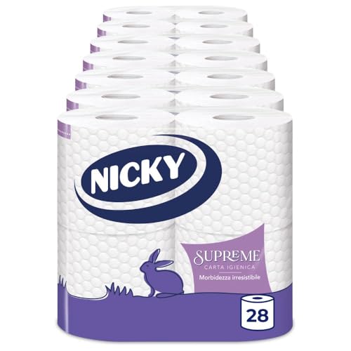 Nicky Supreme - 28 Rotoli di Carta Igienica, 200 Soffici Fogli a 3 Veli, Strappo dalla Dimensione più Ampia, Effetto Soffice al Tatto, Carta 100% Certificata FSC - Design e materiali