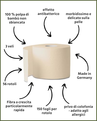 œcolife Carta igienica in bambù, 3 strati, 56 x 150 fogli per rotolo, super morbida, vegana, carta igienica sostenibile, confezione da 60% PCR (56 rotoli) - Funzionalità e accessori