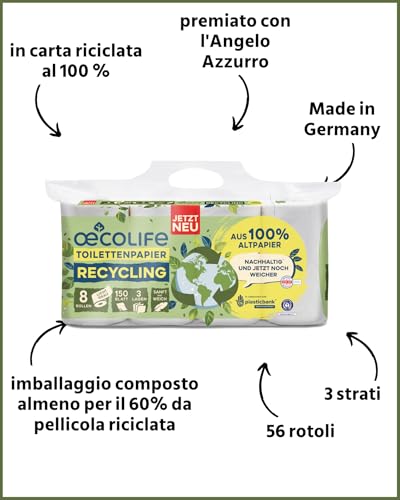 œcolife Carta igienica RECYCLING, 3 strati, 56 x 150 fogli per rotolo, super morbida, sostenibile, riutilizzabile, confezione 60% PCR (56 rotoli) - Prova pratica