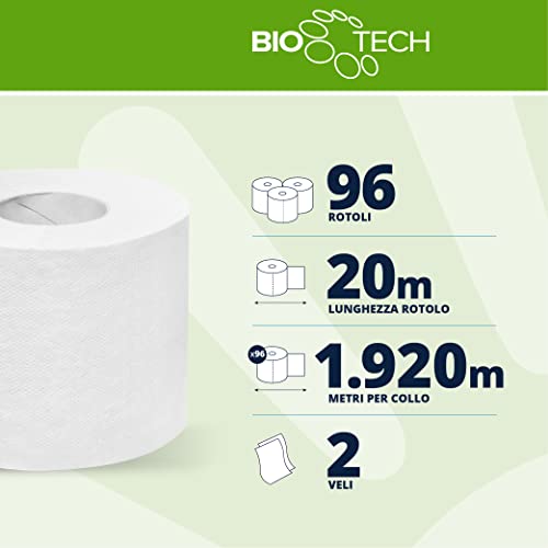 Papernet Bio Tech, Carta Igienica 407575, 96 Rotoli in Pura Cellulosa da 19,8 m Ciascuno, Combatte Naturalmente i Batteri Patogeni, 2 Veli, 17.280 Strappi da 9,5x11cm - Funzionalità e accessori