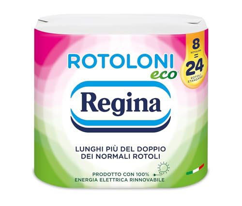Rotoloni Regina Eco - 8 Maxi Rotoli di Carta Igienica, 500 Fogli a 2 Veli, Lunghi Più del Doppio dei Normali Rotoli, Confezione in Carta Riciclabile, Carta 100% Certificata FSC - Design e materiali