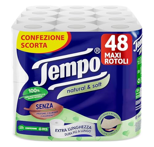 Tempo, Carta Igienica Natural & Soft, Morbida e Resistente, 48 Maxi Rotoli, Composti da 100% di Fibre Biodegradabili, Senza Profumo o Allergeni - Design e materiali
