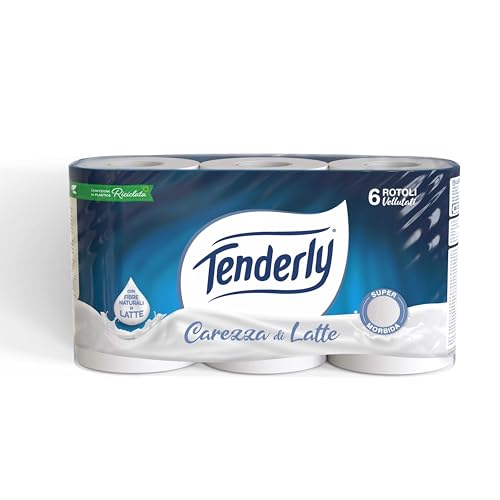 Tenderly Carezza di Latte, 6 Rotoli di Carta Igienica Morbidissima 2 Veli, 250* Strappi per Rotolo, Realizzata con Fibre 100% Naturali di Latte, Made in Italy - Design e materiali