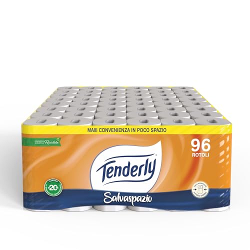 Tenderly Salvaspazio, 96 Rotoli di Carta Igienica, 2 Veli, 220* Strappi per Rotolo, con Estratti Naturali di Malva e Calendula, Made in Italy, Dermatologicamente Testato - Design e materiali