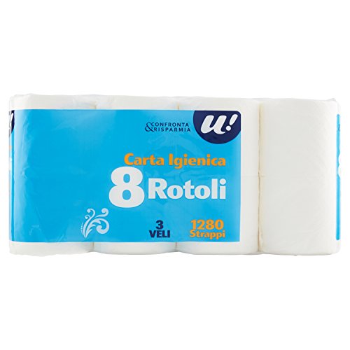U! Confronta&Risparmia Carta Igienica, 3 Veli, Confezione da 8 Pezzi - Design e materiali